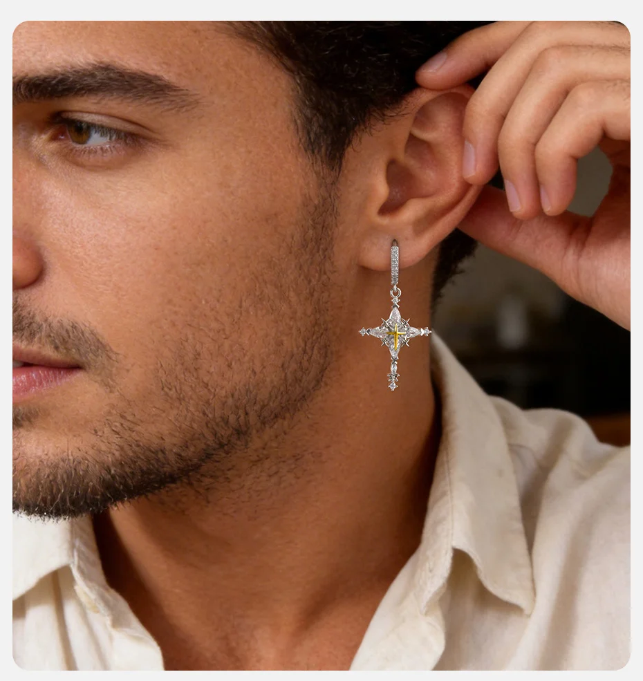 Vnox Zirkon-Kreuz-Ohrhänger für Männer und Frauen, Kupfermetall-Creolen-Ohrhänger, modischer Party-Unisex-Schmuck, Geschenke, neu – Detail 1