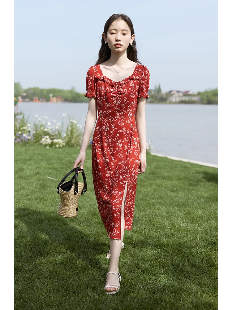 ZIQIAO Red Floral French Style Women Long Dress 2024 Summer Romantic New Design Versatile Casual A-Line Female Dress 24ZQ92343