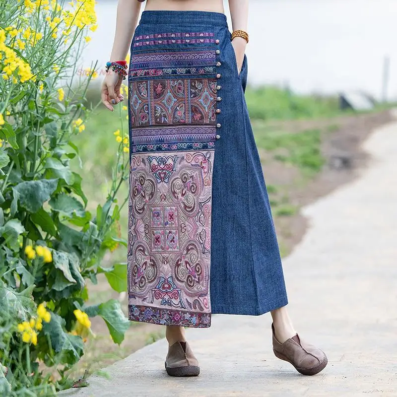 

2024 traditional chinese vintage skirt national flower embroidered elastic waist denim skirt oriental elegant folk dance skirt