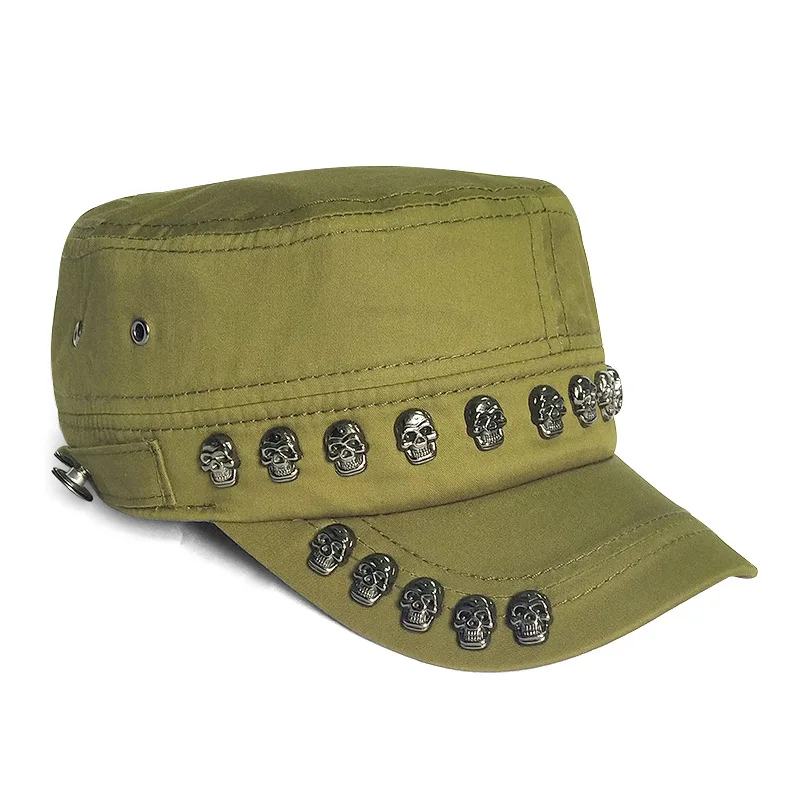 Y2K Cool Skull Rivets Punk Hip Hop Flat Top Cap Men Women SunShade