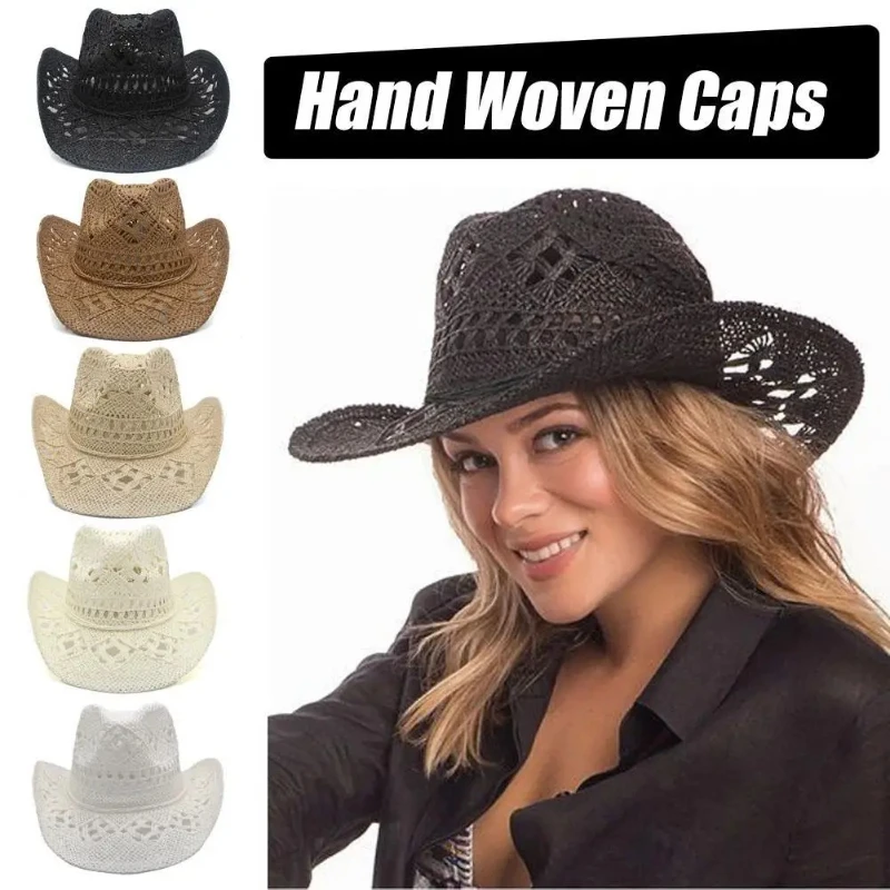 New Straw Hat for Women Men Summer Handmade Classic Vintage Hollow Out Western Curled Wide Brim Sun Hat Fishing Hat Climbing Cap
