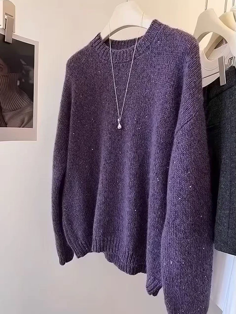 Loose Fit round Neck Knitted Sweater Women's Purple Versatile Casual Top Fashionable Autumn Winter New Arrival Warmth Heating