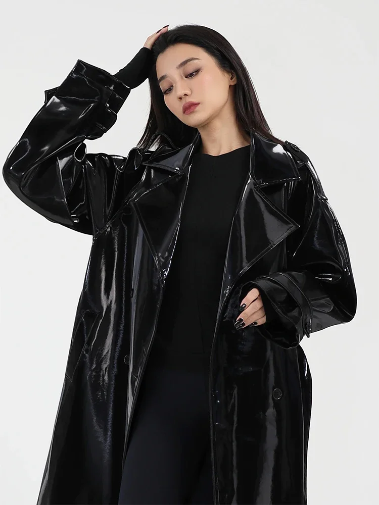 Shiny Patent Leather Turn-Down Collar Trench Coat with Belt for Women, Gothic Faux Latex, PU Long Sleeve Overcoat, Winter Custom