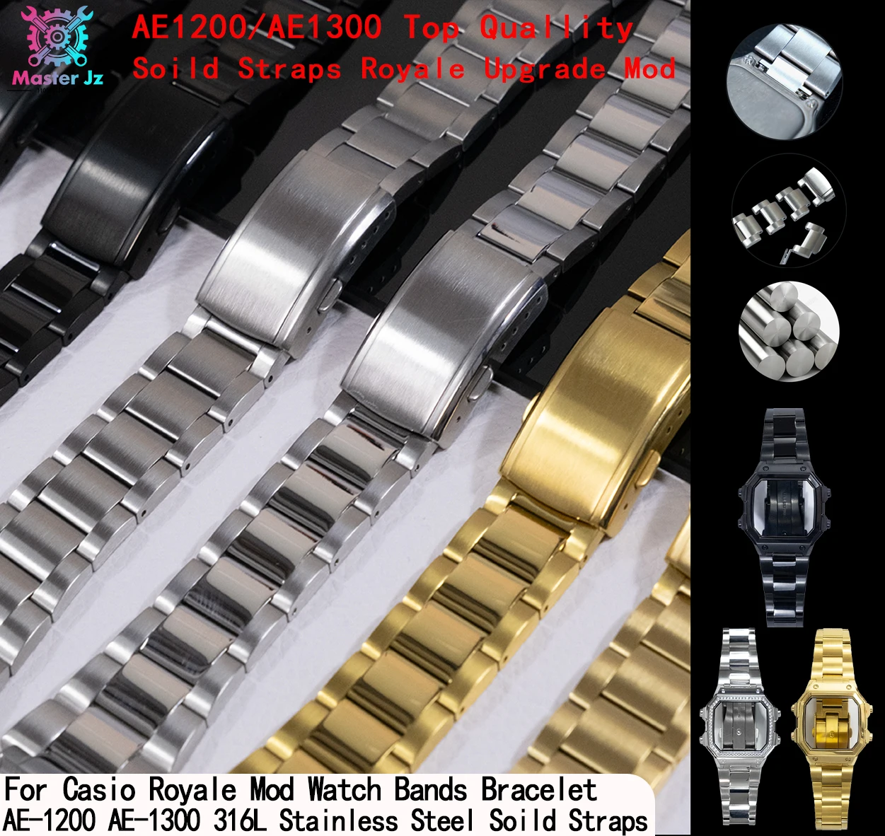 Royale Mod-Armband kompatibel mit Casio AE1200 Uhrenarmbändern, 316L Massivmetall-Armbänder, poliert, gebürstet, Modifikationen, Zubehör
