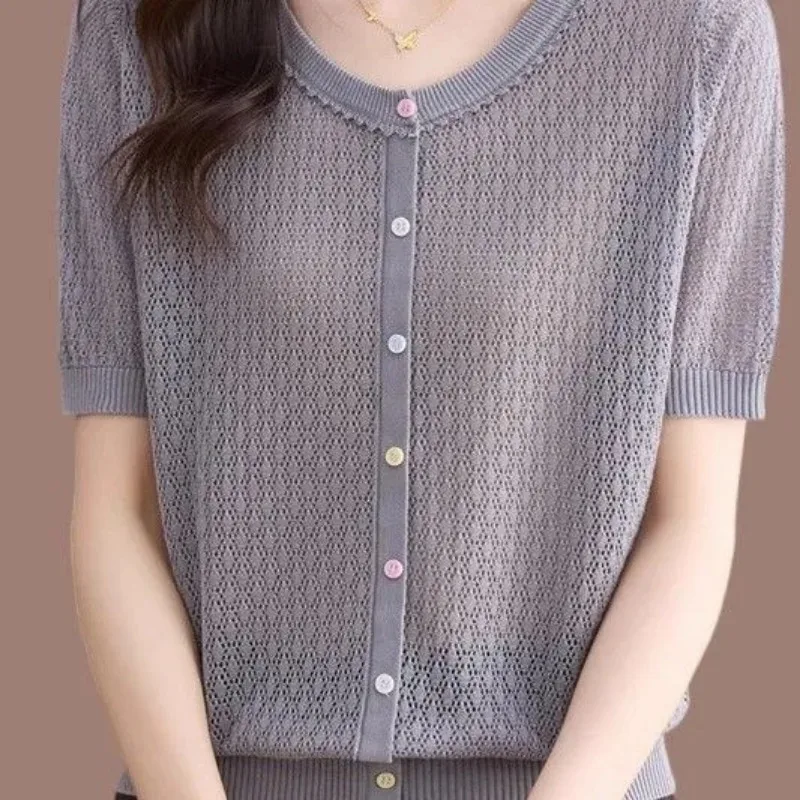 

Summer New Short Sleeved T-shirt for Women Loose Fit and Slimming Knit Sweater Fashionable Hollowed Out Round Neck Top