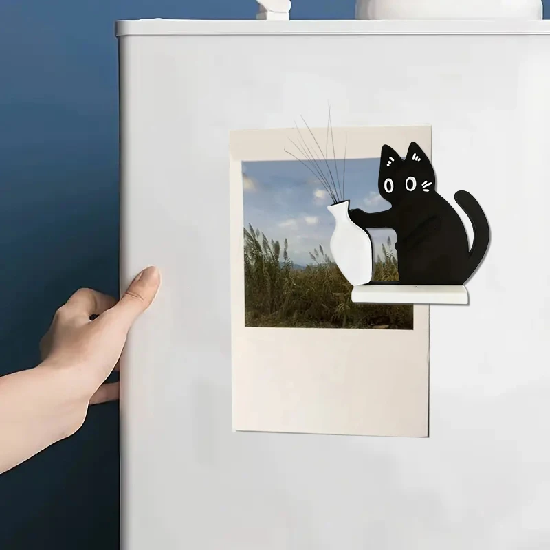 Home Office Decor Perfect Gift For Cat Lovers Black Cat Pushing Vase Decor Cat Whisker Collection & Memorial Box Fridge Magnet