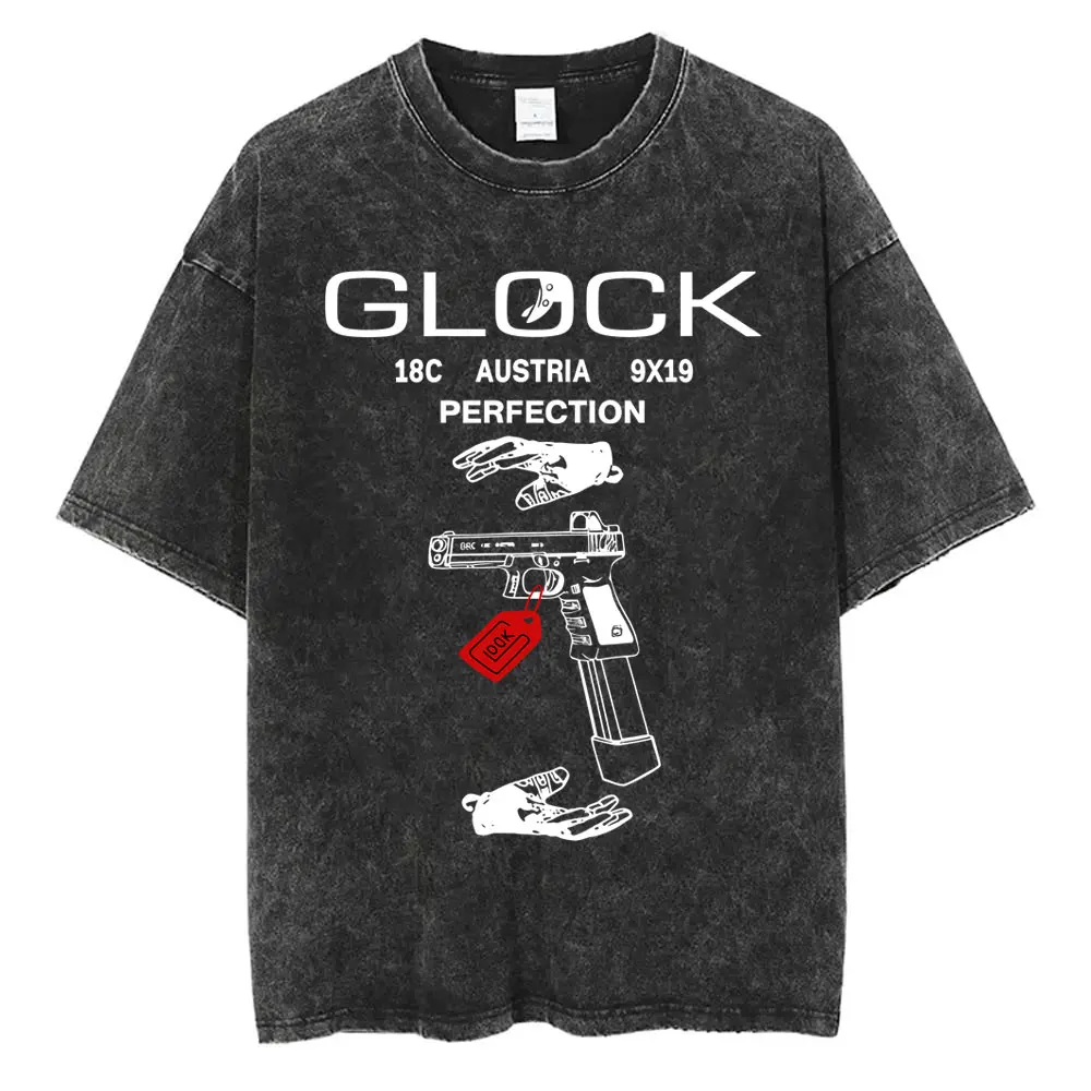 

Washed Vintage Tactical Army Fan Club Outdoor Training Competition Glock Graphic T Shirts Men Casual Cotton Oversized T-shirts