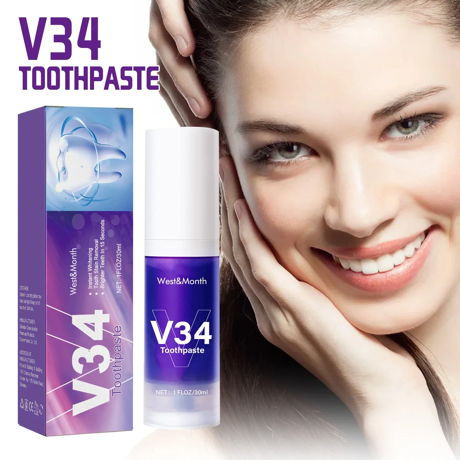 V34 Purple Whitening Toothpaste Removes Yellow Tartar Cleansing Oral Hygiene Fresh Breath Whitening Tooth Care Products