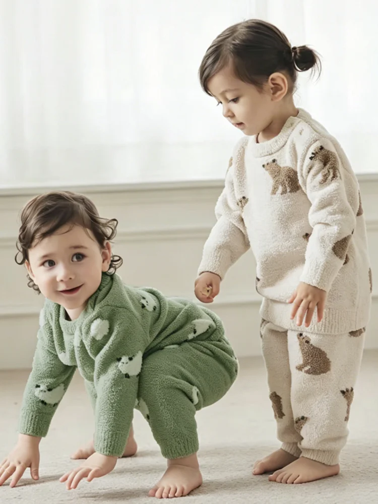 Ins Toddler Homewear Set 0‑3Y Green Sheep Jacquard Fleece 2Pcs Suit Soft Pullover Tops+Pants For Baby Autumn Loungewear
