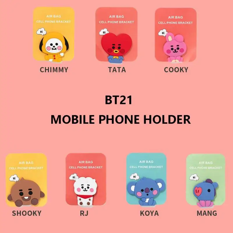 7Pcs Kawaii Bt21 Small Animal Mobile Phone Portable Anti-Fall Stand Cute Cartoon Doll Adhesive Tablet Accessories Birthday Gift