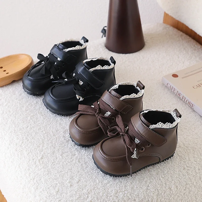 

Children Casual Short Boots for Girls 2025 Winter New Fashion Korean Style Soft Sole Anti-slippery Versatile Princess Lace Shoes
