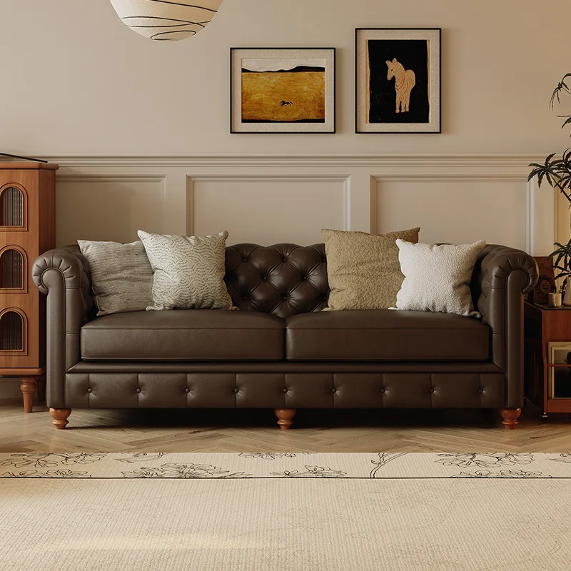 retro leather sofa French light luxury leather sofa living room first layer cowhide solid wood large apartment straight row