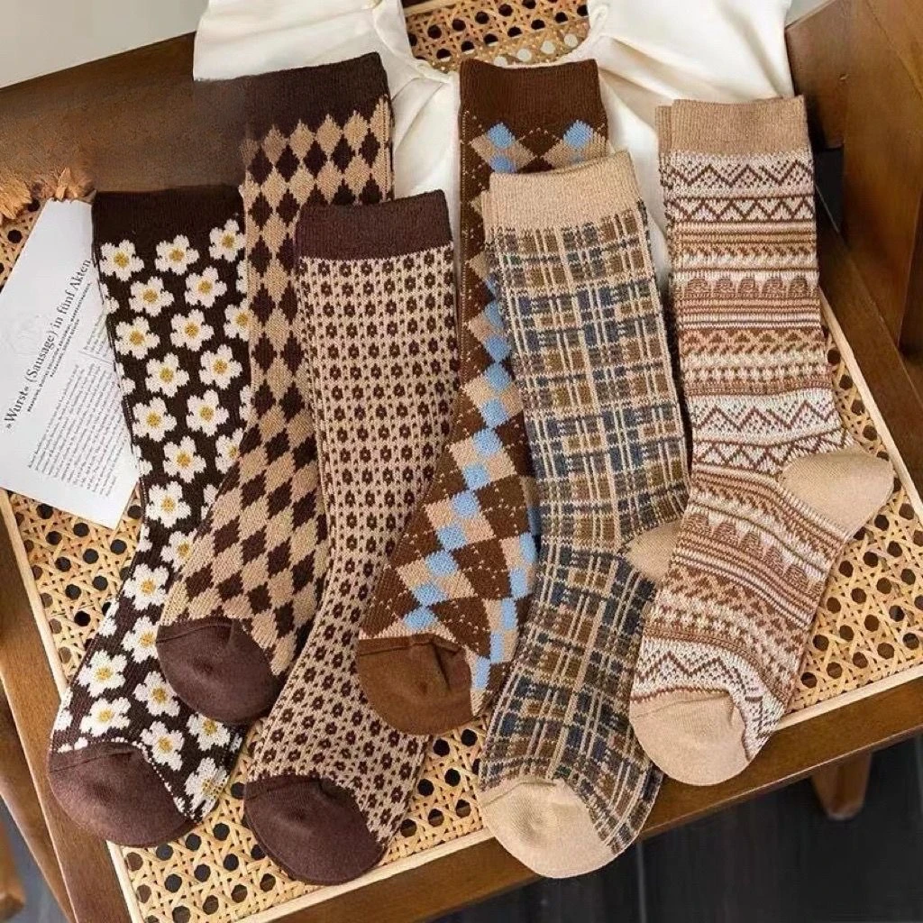 6 pares retro estilo japonês malha meados de bezerro meias quentes retro meias escolares para meninas moda outono inverno meias com impressão