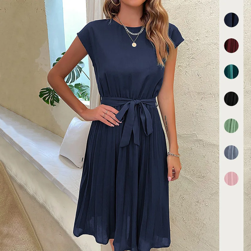 

2025 New Style Skirt Summer Vacation Women's Round Neck Tie Solid Color Pleated Dress Vestidos De Fiesta