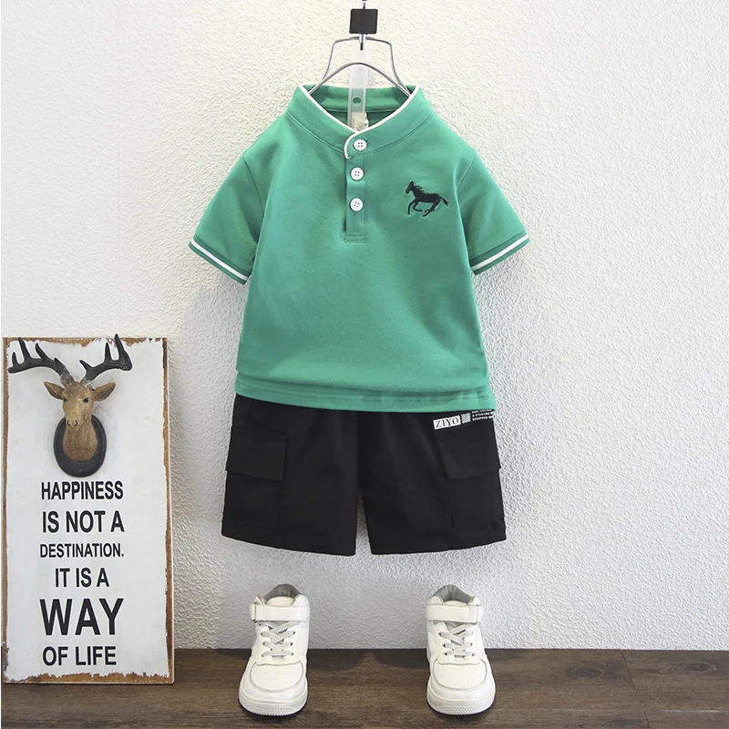 Boys Cool and Handsome Set New POLO Shirt Boys Short sleeved T-shirt Standing Collar Two piece Set Baby Sportswear Trendy