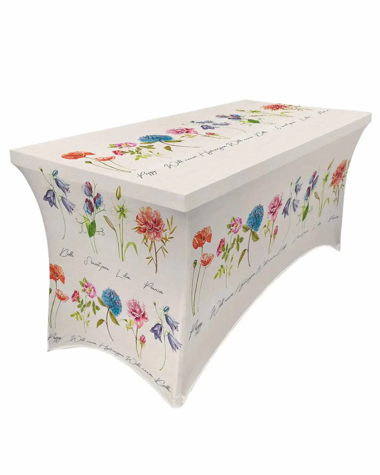 Vintage Flowers Herbaceous Plant Linen Texture Rectangular Elastic Table Skirt Wedding Table Cover Kitchen Dining Tablecloth