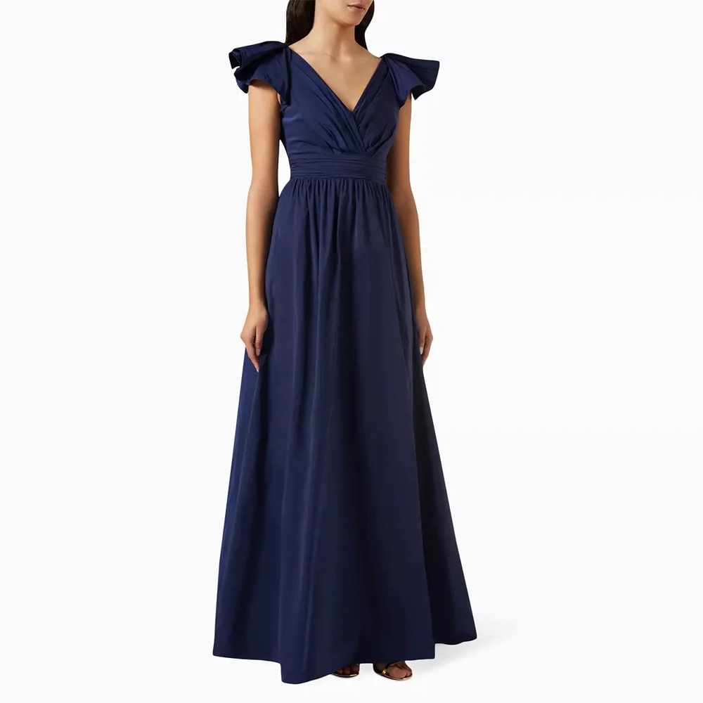 

Sevintage Nave Blue Taffeta Prom Dresses V-Neck Sleeveless A-Line Saudi Arabic Evening Gowns Formal Occasion Dress 2024