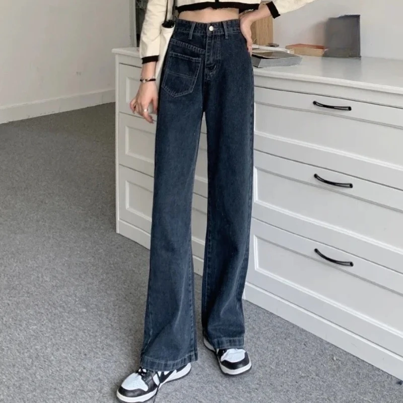 

Повседневные джинсы, женские джинсовые брюки, винтажные прямые брюки, осенне-весенние модные женские однотонные джинсы с карманами, широкие брюки