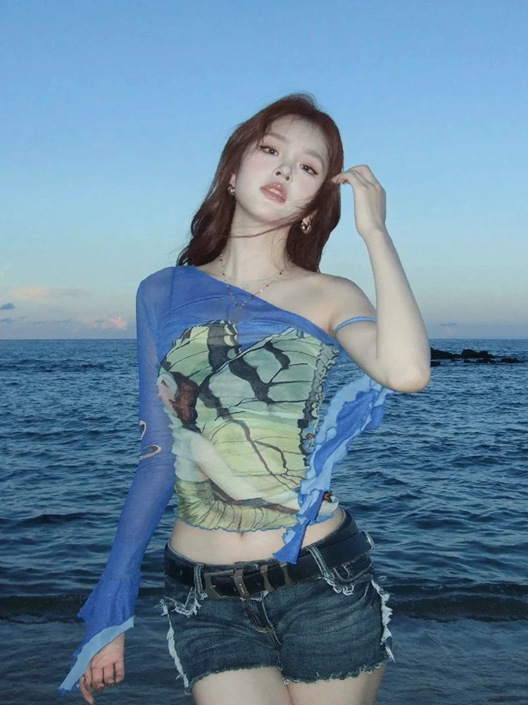 Zoki Sexy Mesh Bufferfly T Shirts Women Slim See Through Y2K Tops American Vintage Single Sleeve Design Streetwear Female Tees