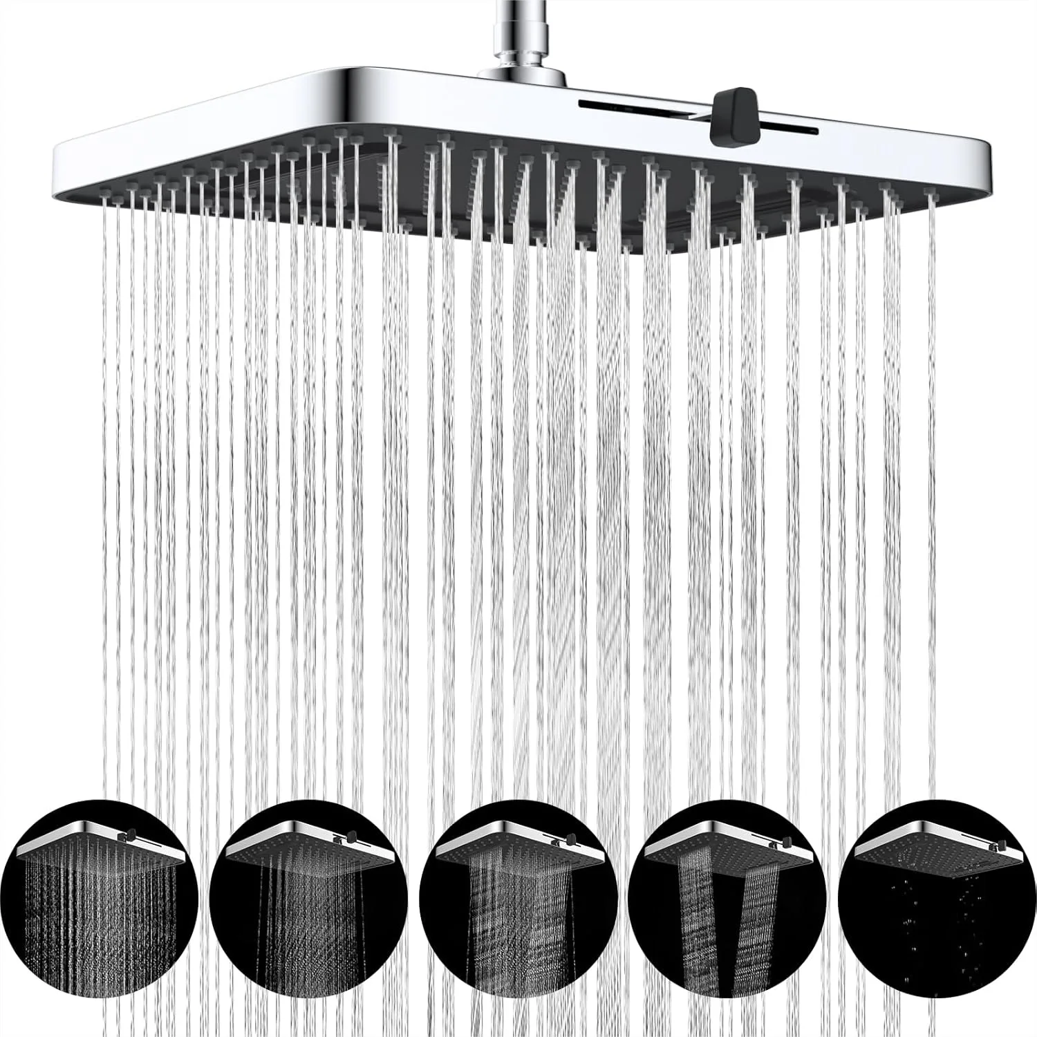 

13 Inch High Pressure Rainfall Shower Head with 5 Spray Modes, cUPC Certified Large Fixed Showerhead with Self-Cleaning Silicone