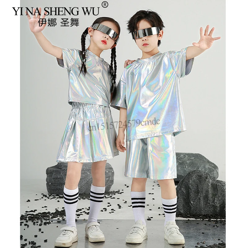 جديد الفتيان والفتيات الهيب هوب مجموعة فضية اللون ملابس رقص الجاز الأطفال أداء الملابس موضة المدرج الشارع ملابس رقص #2