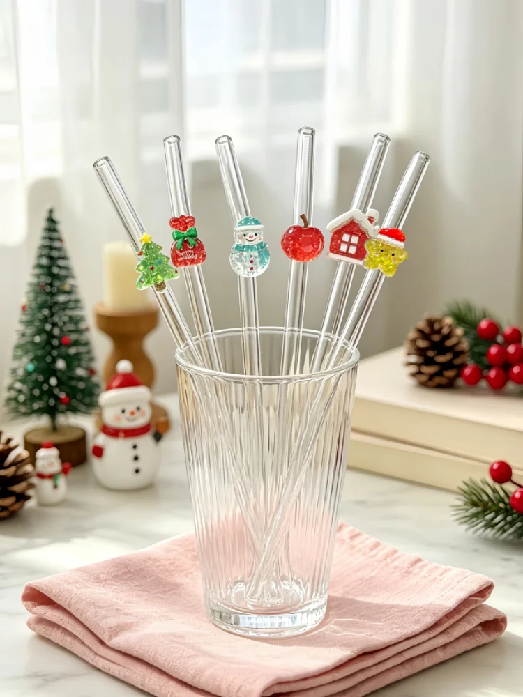 3/6PCS Xmas Tree Snowman Bent Glass Straw, for Smoothie Latte Drinks, Family Gathering Present