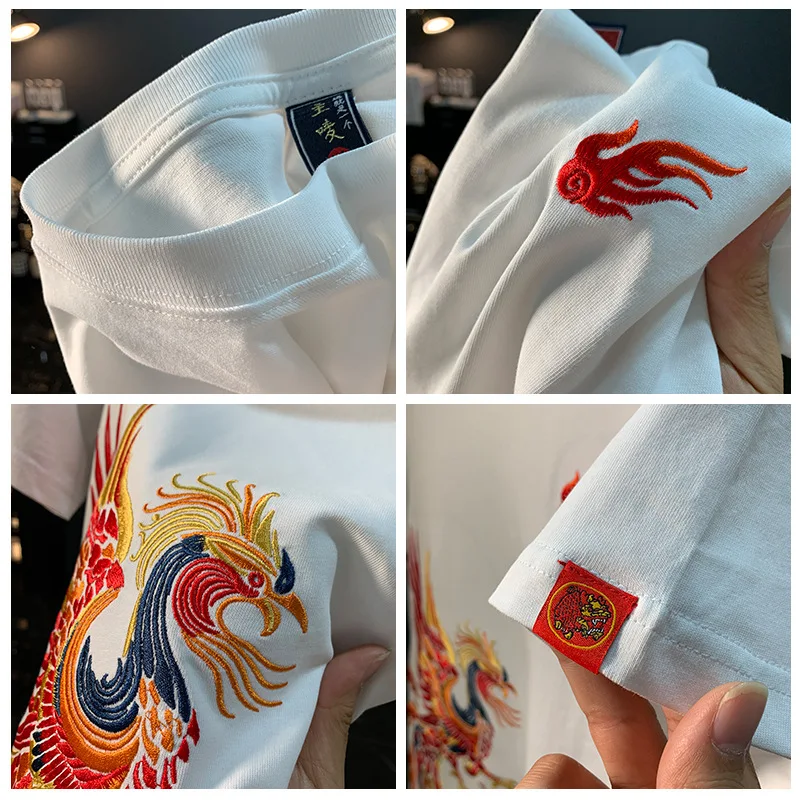 فينيكس المطرزة المطبوعة النمط الصيني تي شيرت للرجال 2025 الصيف الاتجاه العرقية موضة تنفس عادية كم قصير
