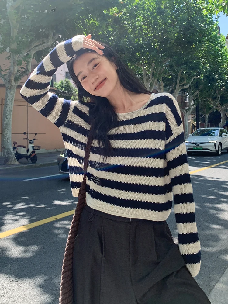 

Длинный вязаный свитер в ленивую полоску, женский модный дизайн, осень-зима, Новое поступление, удобный круглый топ Ne