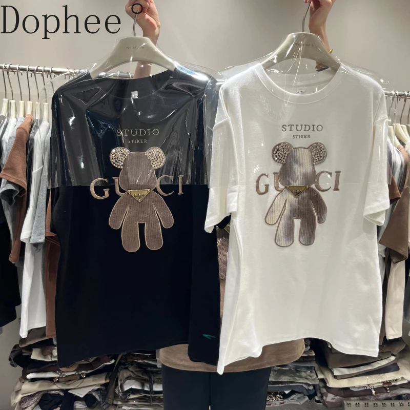 Thicken Sanding Female Tshirts New Autumn Winter Embroidery Bear Diamonds Loose O-neck Pullover Top Mid-long Casual Basic Tees