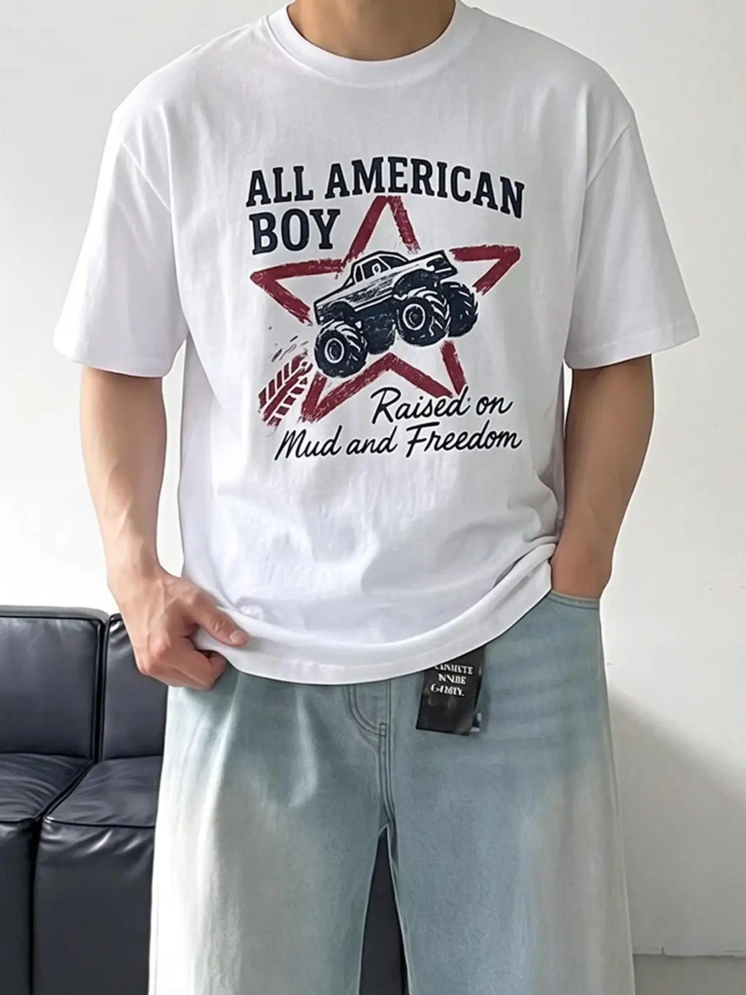 Multiple size options loose fit casual men's white comfortable pure cotton short-sleeve T-shirt, red star monster off-road truck graphic print daily casual top.