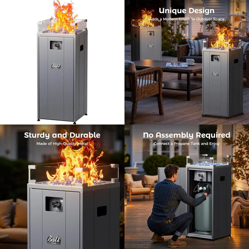 15 Inch Outdoor Propane Fire Pit with Glass Wind Guard, Square Patio Fireplace featuring Fire Glass Stones and Wind-Resistant De