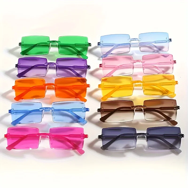 10er-Pack rechteckige, randlose Brillen in Bonbonfarben, Unisex-Hip-Hop-Stil – ideal für den täglichen Gebrauch, Partys und Clubs