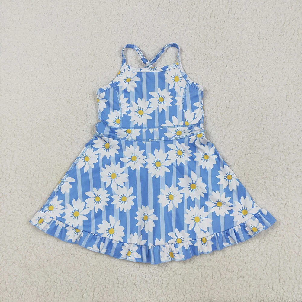 

Baby Girls Blue White Floral Ruffle Knee-Length Yoga Dress with Straps Kids Athletic Dress Stripe Floral Print