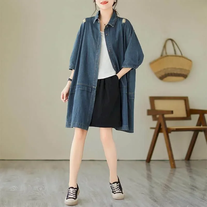 Pop Blue Denim Dresses Women Polo-neck Casual Loose A-line Single Breasted Shirts Skirts Pocket Design Vintage Trend Artistic Dr