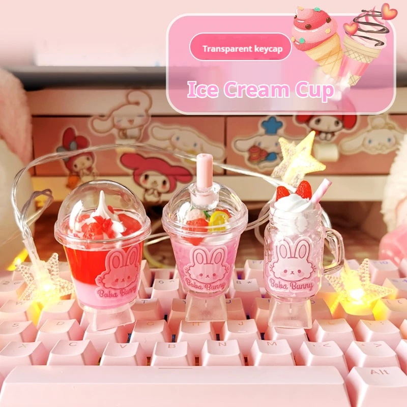 Rabbit Ice Cream Cup Keycaps 1pcs  Shape Food Toy Translucent Cute 3d Abs Material Mechanical Keyboard Accessories Key Cap