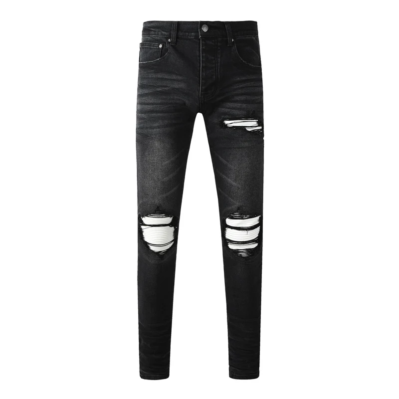 Men's Fashionable Retro Black Jeans Slim Fit High Street Designer Hip Hop Washed Elastic Perforated Patches