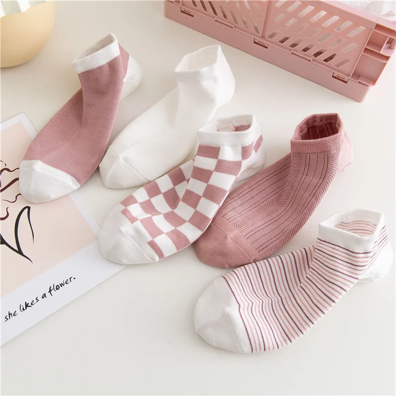 5 Pairs/lot Fashion Elegant Funny Cute Cotton Girls Pink Lattice Short Female White Low Cut Ankle Socks Summer Spring Women Sox