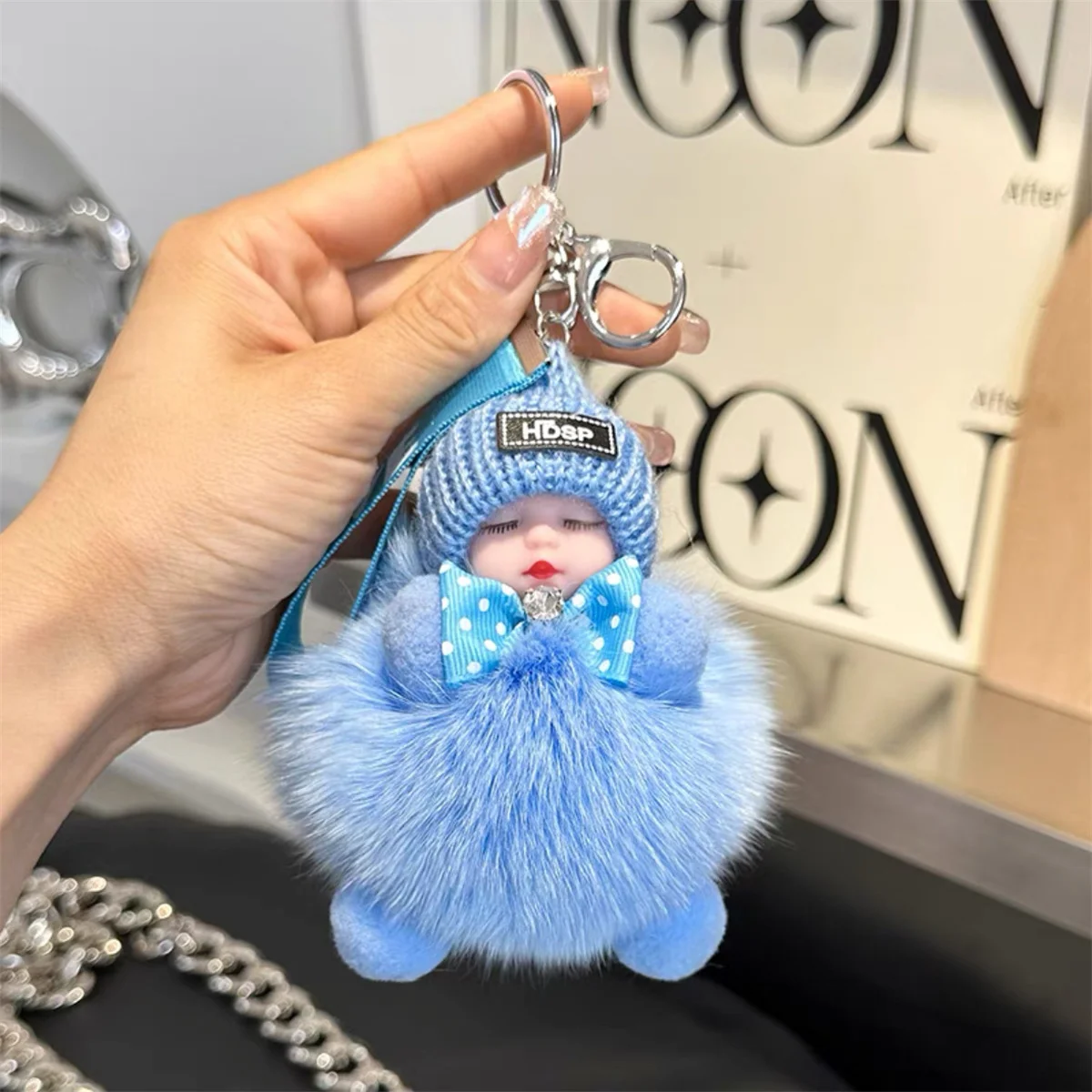 Real fox fur doll car keychain pendant cute plush doll school bag pendant couple gift
