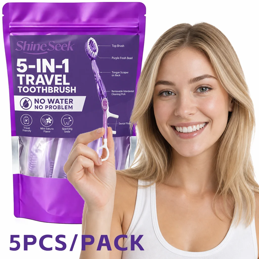 Newly Upgraded Purple 5-Piece Portable Set, 5-in-1 Multifunctional Toothbrush Care Set with Mint Cherry Blossom Flavor, Includes Purple Freshener Beads + Toothbrush + Dental Floss + Interdental Cleaning Stick + Tongue Scraper, Convenient and Soft, Soft-Bristle Design, Teeth and Gum Care |   Travel Essentials |   Individually Packaged |   Soft |   Sakura Mint Flavor |   Travel Toothbrushes Are the Best Choice for Smart Families!