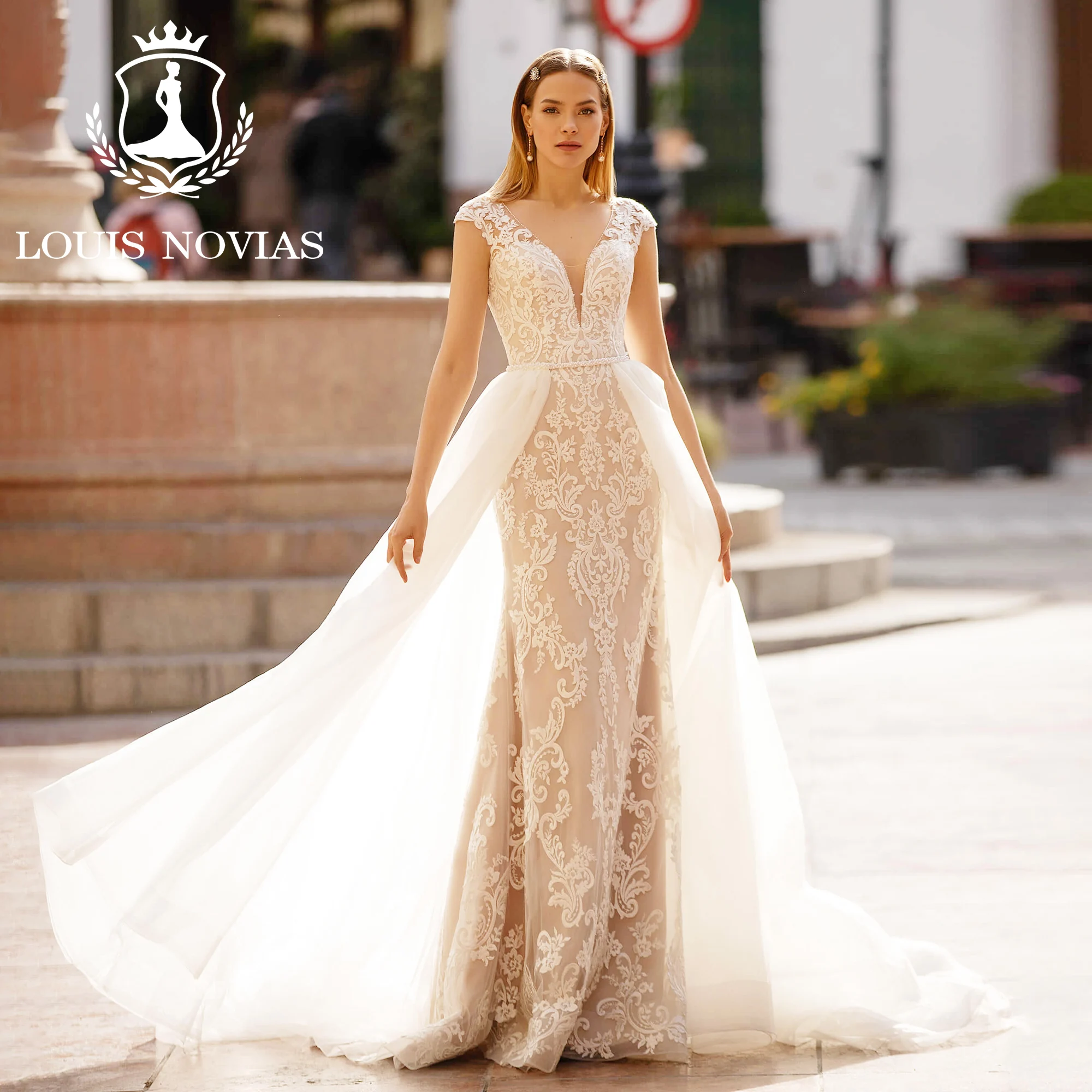 

LOUIS NOVIAS Mermaid Wedding Dress Bride Classic Deep V-neck Detachable Train Wedding Gown Vestidos Elegantes Para Mujer