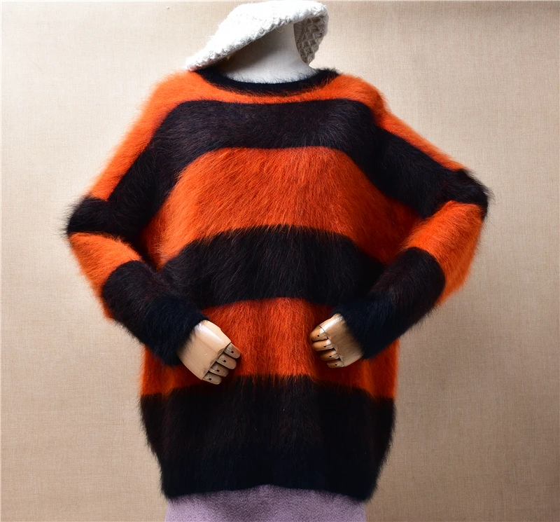 

Female Women Fall Winter Clothing Striped Hairy Plush Mink Cashmere Knitted O-Neck Loose Pullover Angora Fur Jumper Sweater Pull