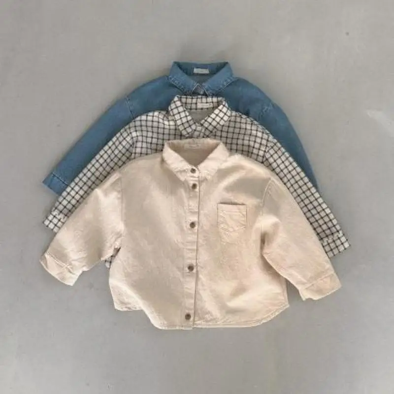 Autumn Ins Boy Baby Casual Denim Coats Newborn Solid Cardigan Loose Long Sleeve Tops Children Girl Cotton Plaid Fashion Jacket