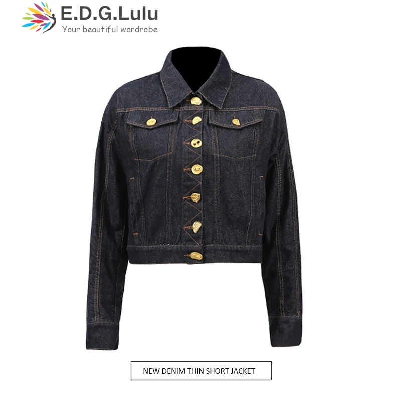 

EDGLuLu Design Single Breasted Denim Jacket 2025 New Arrival Turn-Down Collar Long Sleeve Short Denim Coat For Fashion 0626