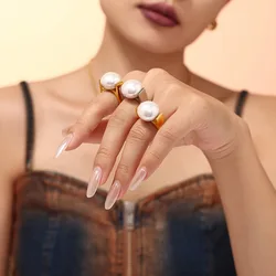 Elegant White Imitation Pearl Ring Women's Quality Stainless Steel Gold Plated Couple Dating Ring Luxury Jewelry Accessories