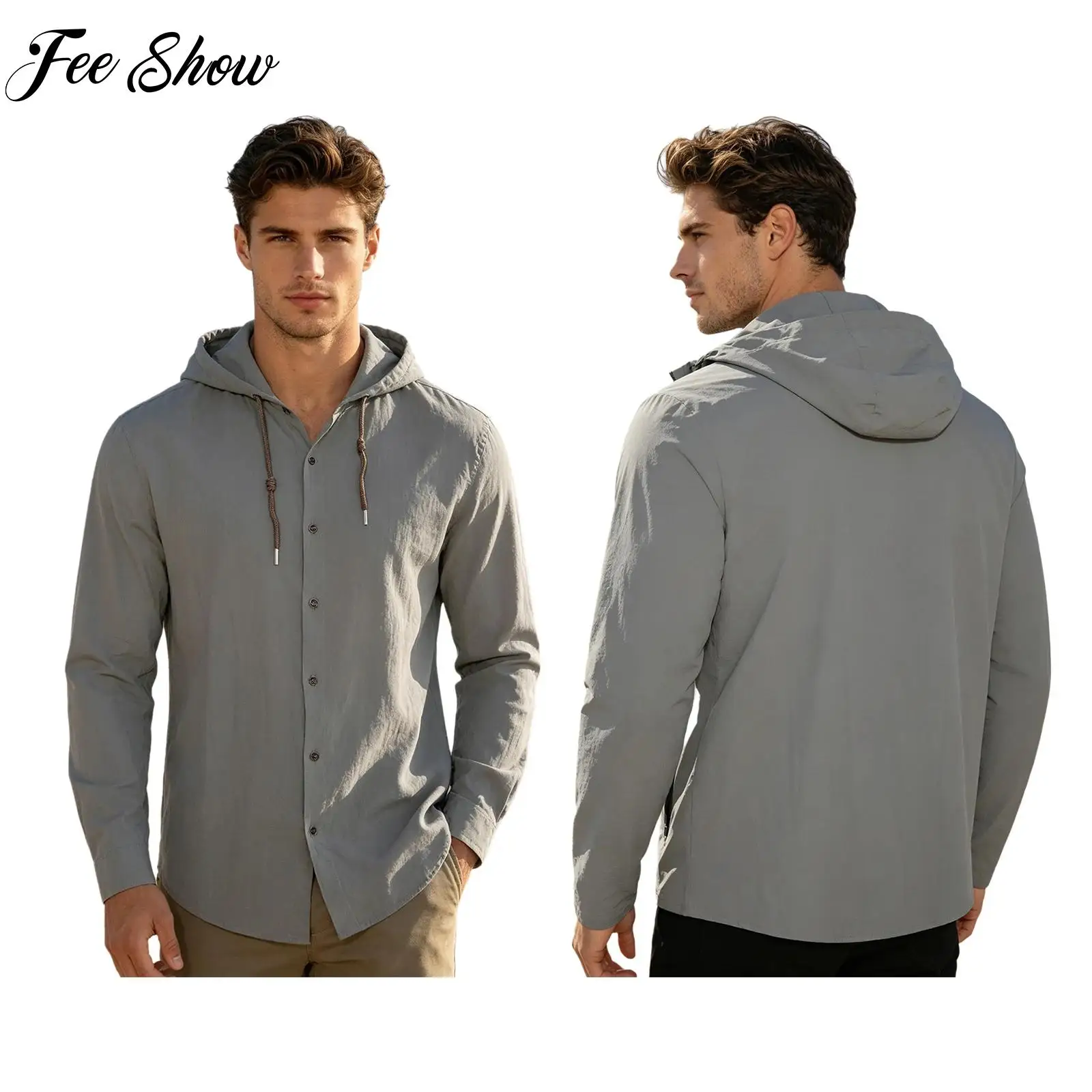 

Men Cotton Linen Hooded Drawstring Shirt Long Sleeve Button Casual Beach Vacation Top for Holiday Daily Wear