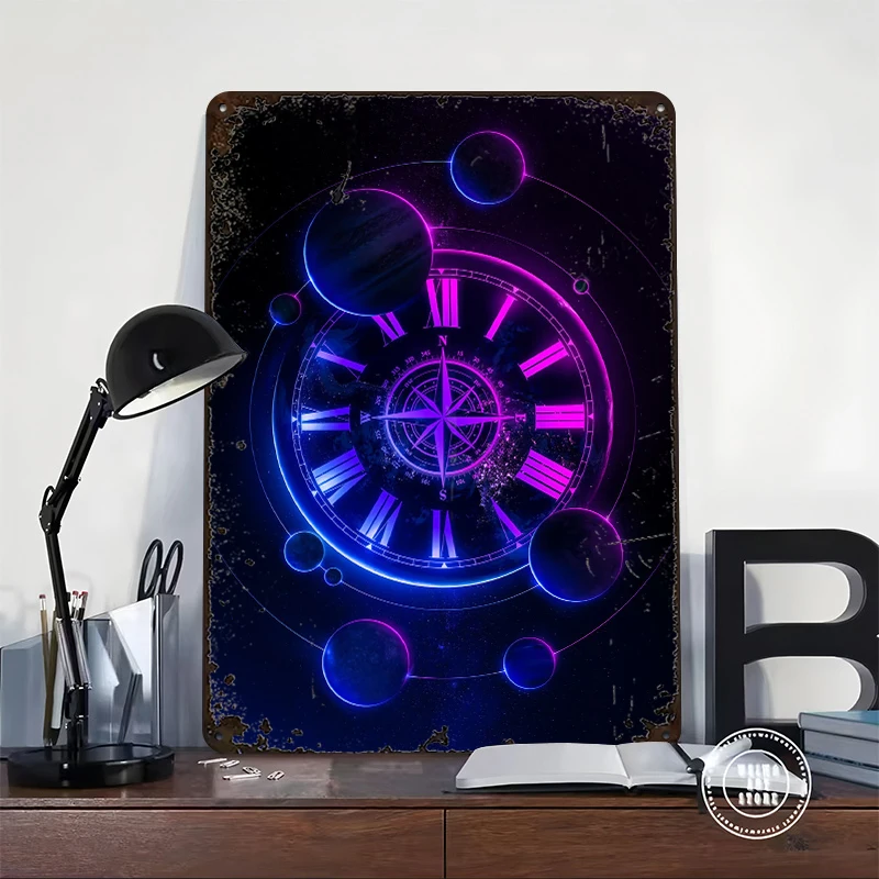 Space Compass Lightly 3D Poster Customized Vintage Metal Signs Wall Art Retro Tin Plaque for Home Decorations Living Room House