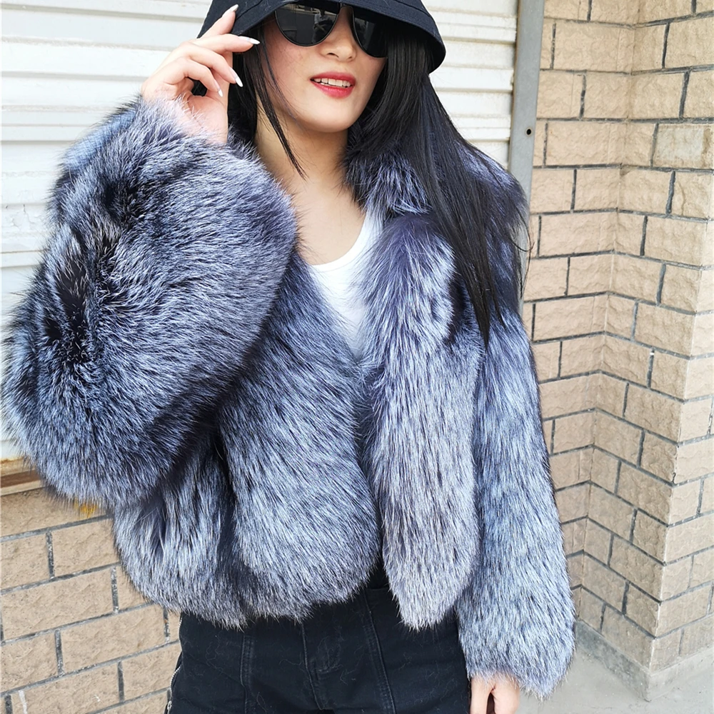 Luxury Fox Fur Jacket Women Plus Size Full Sleeves With Fur Collar Thick Black Plush Silver Fox Fur Coat For Girls