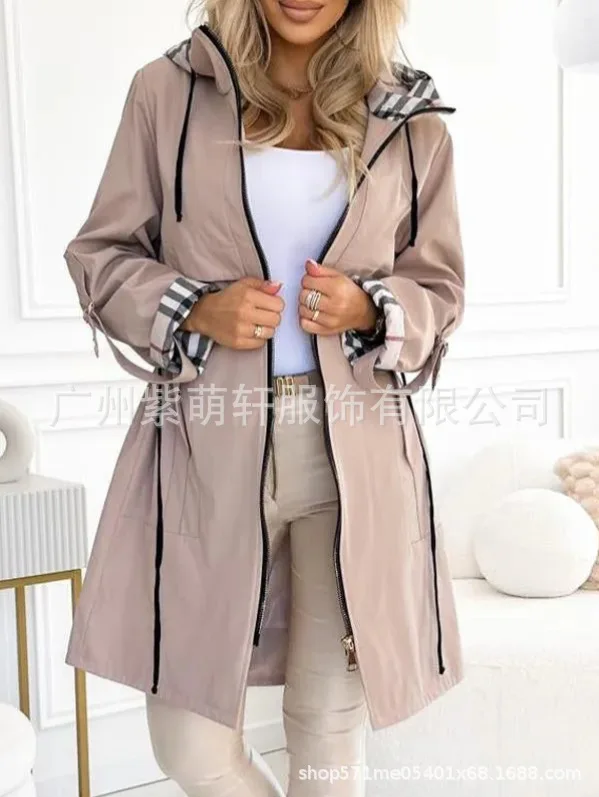 موضة خندق معطف امرأة الخريف الشتاء بلون تنوعا عادية الشارع نمط سترة طويلة الأكمام مقنعين منقوشة ملابس خارجية