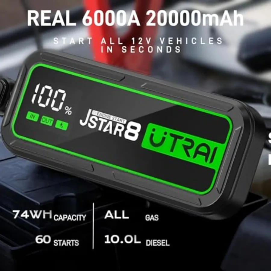 Jump Starter 6000A 12V Portable Car Battery Charger for All Gas and 10L Diesel Vehicles 20000mAh High-Capacity Power Bank