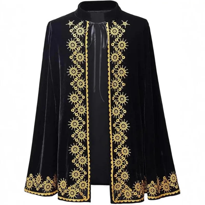 

18th Century Medieval Black Velvet Cape with Gold Trim Halloween Cloak Costume Medieval Prince King Cape for Men Boys